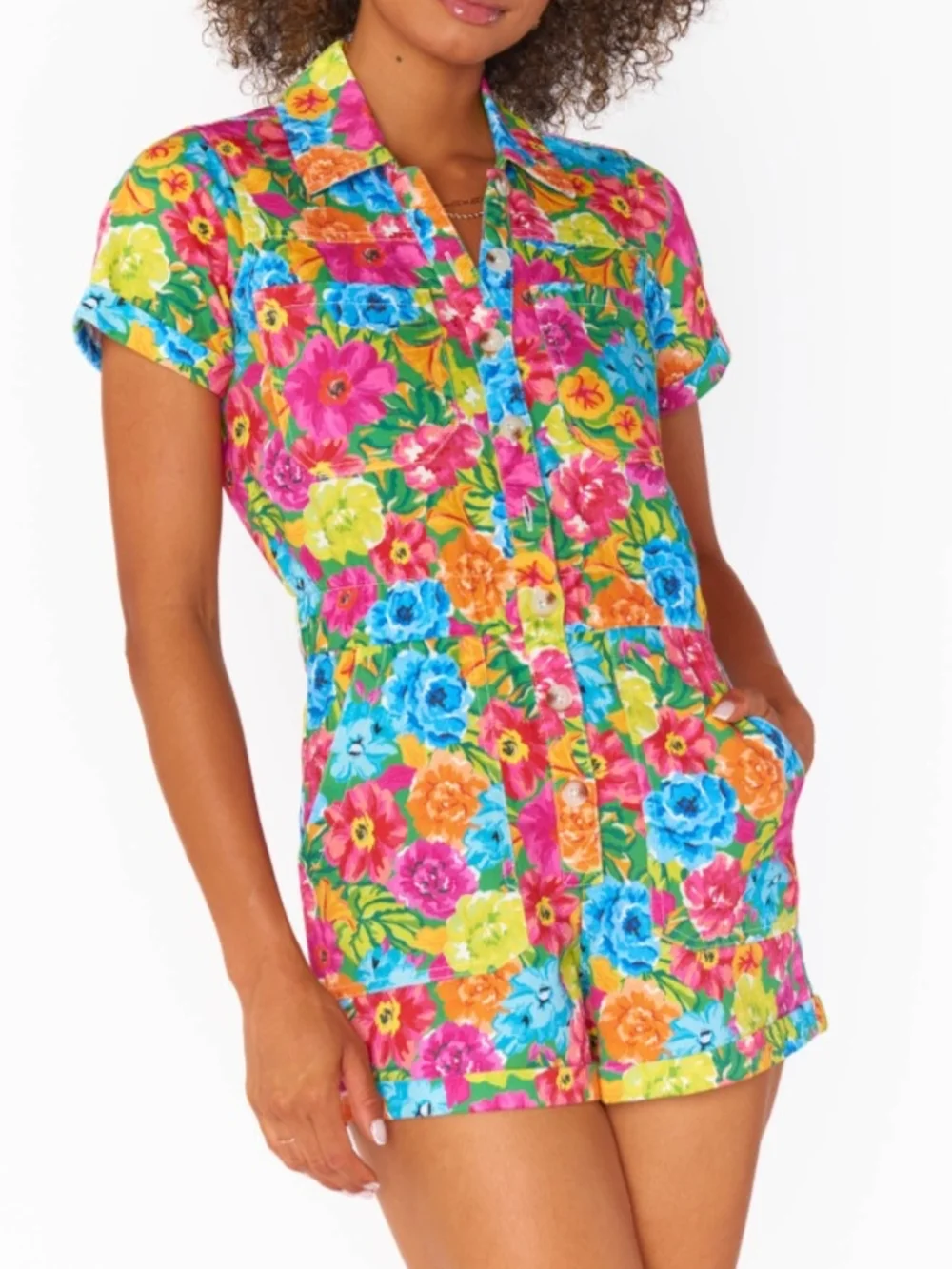 Show Me Your Mumu Vibrant Floral Denim Short Romper- Medium - Picture 1 of 5